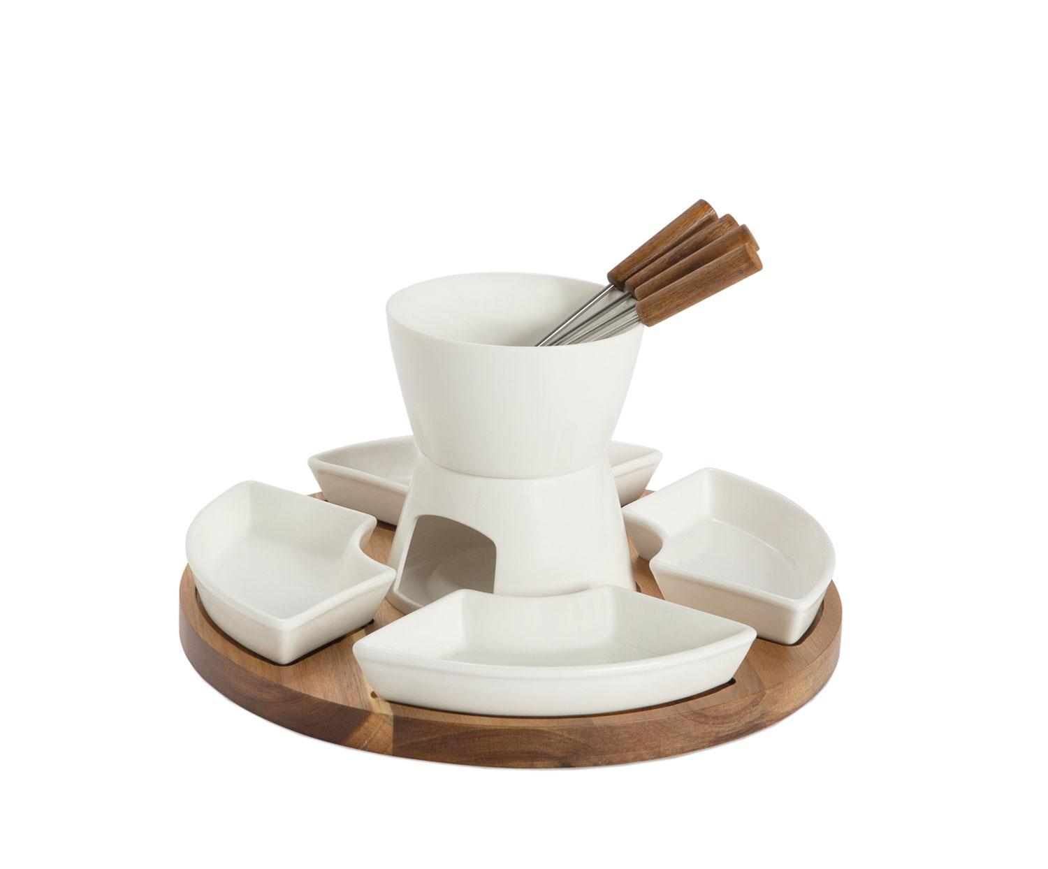Porcelain Fondue Set on Acacia